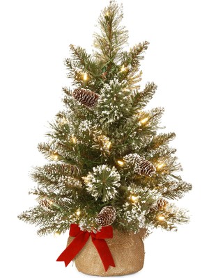Store Önceden Aydınlatılmış Yapay Mini Noel Ağacı | Küçük LED Işıklar, Beyaz Uçlu, Parıltılı Dallar Koniler ve Bez Çanta Tabanı | Parlak Kıl Çam-2, 2 Ayak, Yeşil