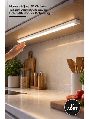 Yenilig 10 Adet Sensörlü Uzun LED Işık – Mıknatıslı Şarjlı 50 cm Ince Tasarım Alüminyum Gövde Dolap Altı Koridor Motion Light