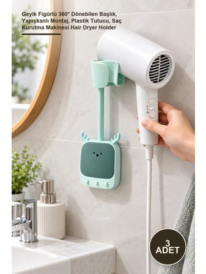 Yenilig 3 Adet Fön Makinesi Askı Aparatı – Geyik Figürlü 360° Dönebilen Başlık, Yapışkanlı Montaj, Plastik Tutucu, Saç Kurutma Makinesi Hair Dryer Holder