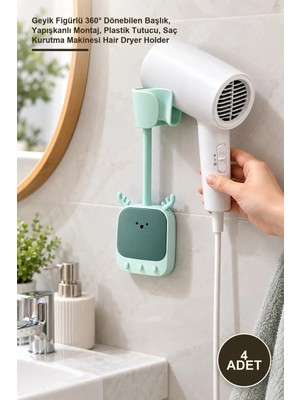 Yenilig 4 Adet Fön Makinesi Askı Aparatı – Geyik Figürlü 360° Dönebilen Başlık, Yapışkanlı Montaj, Plastik Tutucu, Saç Kurutma Makinesi Hair Dryer Holder