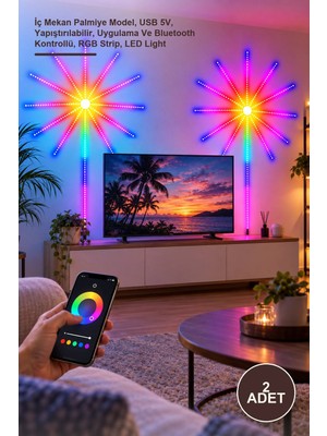 Yenilig 2 Adet Rgb Şerit LED – Iç Mekan Palmiye Model, USB 5V, Yapıştırılabilir, Uygulama ve Bluetooth Kontrollü, Rgb Strip, LED Light