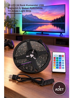 Yenilig 1 Adet Rgb Şerit LED – 30 LED 24 Renk Kumandalı USB Bağlantılı Iç Mekan Aydınlatma, Tv Arkası Light Strip