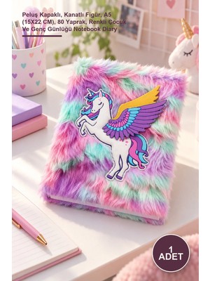 Yenilig 1 Adet Unicorn Tasarımlı Peluş Hatıra Defteri – Peluş Kapaklı, Kanatlı Figür, A5 (15X22 Cm), 80 Yaprak, Renkli Çocuk ve Genç Günlüğü Notebook Diary