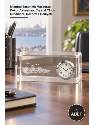 Yenilig 3 Adet Kristal Saatli Biblo – Istanbul Tasarımlı Masaüstü Dekor Aksesuarı, Crystal Clock Ornament, Dekoratif Hediyelik