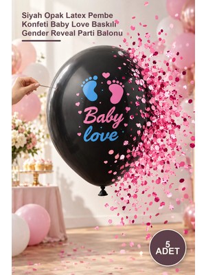 Yenilig 5 Adet Konfetili Cinsiyet Balonu – Siyah Opak Latex Pembe Konfeti Baby Love Baskılı Gender Reveal Parti Balonu