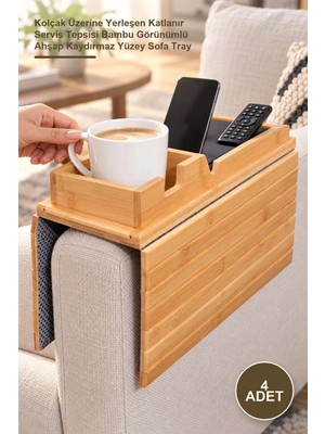 Yenilig 4 Adet Katlanabilir Ahşap Kanepe Tepsisi – Kolçak Üzerine Yerleşen Katlanır Servis Tepsisi Bambu Görünümlü Ahşap Kaydırmaz Yüzey Sofa Tray