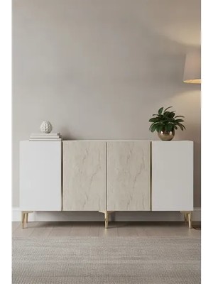 Vivense Poli Konsol ve Tv Sehpası, Beyaz Traverten Gold, 150 Cm, KA1524BTG