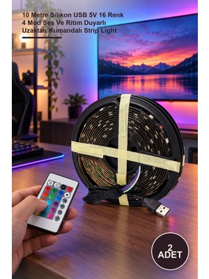 Yenilig 2 Adet Rgb Şerit LED – 10 Metre Silikon USB 5V 16 Renk 4 Mod Ses ve Ritim Duyarlı Uzaktan Kumandalı Strip Light