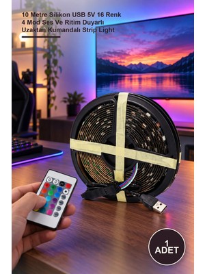 Yenilig 1 Adet Rgb Şerit LED – 10 Metre Silikon USB 5V 16 Renk 4 Mod Ses ve Ritim Duyarlı Uzaktan Kumandalı Strip Light