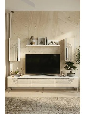 Vivense Meyra Tv Ünitesi, Beyaz Traverten Silver, 180 Cm, TVR1803BTS
