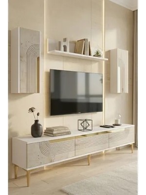 Vivense Meyra Tv Ünitesi, Beyaz Traverten Gold, 180 Cm, TVR1803BTG