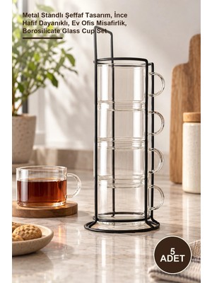 Yenilig 5 Adet Standlı Borosilikat Cam Fincan Seti – Metal Standlı Şeffaf Tasarım, Ince Hafif Dayanıklı, Ev Ofis Misafirlik, Borosilicate Glass Cup Set