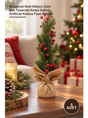 Yenilig 5 Adet Dekoratif Mini Yapay Kokina Süs – Masaüstü Noel Dekoru Çam Dalı Tasarımlı Keten Saksılı Artificial Kokina Faux Kokina
