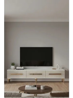 Vivense Rany Tv Sehpası, Beyaz Traverten Gold, 180 Cm, TSA1806BTG