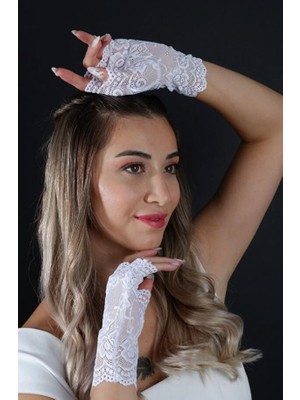 Hayalperest Boncuk Parmaksız Dantel Gelin Eldiveni Kısa Nikah Abiye Aksesuar