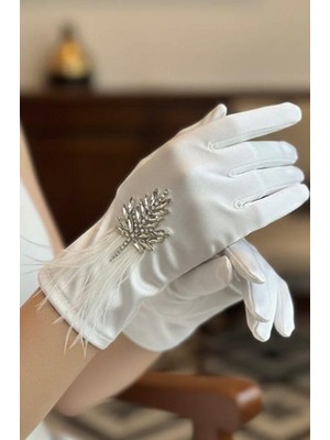 Hayalperest Boncuk Saten Gelin Eldiveni - Kristal Taşlı Yaprak ve Tüy Detaylı Lüks Nikah Eldiveni