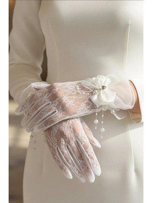 Hayalperest Boncuk Inci Dalı ve Kristal Taşlı Fiyonk Detaylı Nikah Gelin Eldiveni