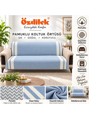 Özdilek Pamuklu Kaymaz Zigzag Koltuk Örtüsü (3+3) - Indigo