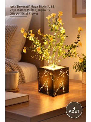 Yenilig 4 Adet Siyah Saksılı LED Yapay Çiçek – Işıklı Dekoratif Masa Bitkisi USB Veya Kalem Pil Ile Çalışan Ev Ofis Artificial Flower