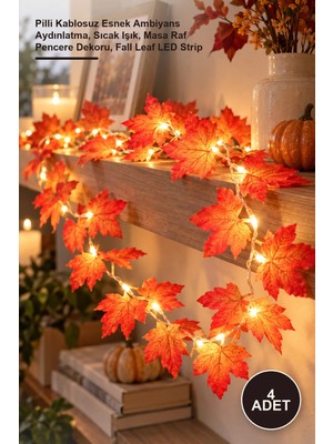 Yenilig 4 Adet Dekoratif Sonbahar Yapraklı Şerit LED Işık – Pilli Kablosuz Esnek Ambiyans Aydınlatma, Sıcak Işık, Masa Raf Pencere Dekoru, Fall Leaf LED Strip