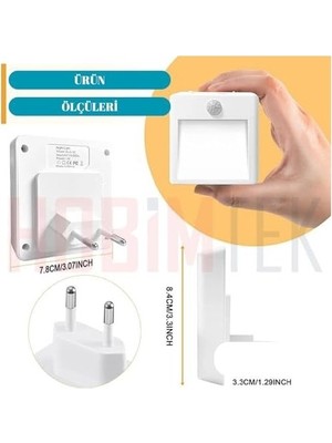 Mabelme Store Akıllı Hareket Sensörlü LED Gece Lambası 2700K Fişe Takılan Hareket Sensörlü Güç Ayarlı LED Işık L001