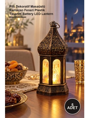 Yenilig 5 Adet Ramazan Temalı Büyük Altıgen Kapalı Kubbe LED Lamba – Pilli Dekoratif Masaüstü Ramazan Feneri Plastik Tasarım Battery LED Lantern