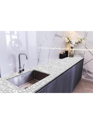 Mabelme Store Prime Tezgah Üstü Kaplama Folyosu Mutfak Tezgahı Kaplama 3 Gri Çiçek 70 cm x 1 Metre