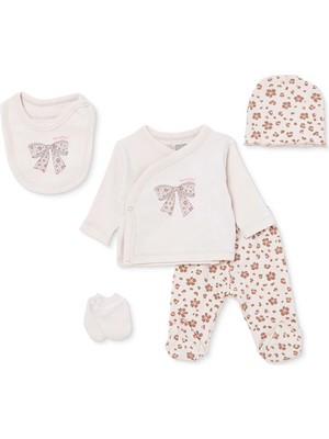 Hellobaby Kız Bebek Zıbın-Şapka-Alt Çiçek Baskılı Çıtçıtlı V Yaka Uzun Kol Patikli