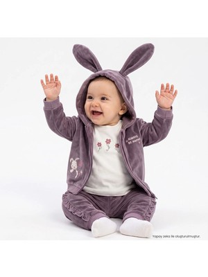 Bebetto Kız Bebek Sweatshirt-Hırka-Alt Tavşan Baskılı Fermuarlı Kapüşonlu Long Sleeve Patiksiz