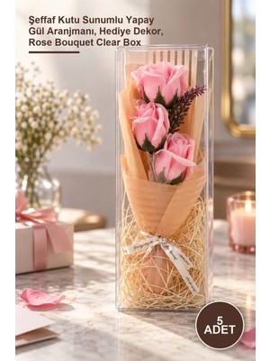 Yenilig 5 Adet Şeffaf Kutulu Üç Gül Buketi – Şeffaf Kutu Sunumlu Yapay Gül Aranjmanı, Hediye Dekor, Rose Bouquet Clear Box