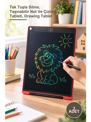 Yenilig 3 Adet 12 Inç LCD Renkli Yazı Çizim Tableti – Tek Tuşla Silme, Taşınabilir Not ve Çizim Tableti, Drawing Tablet