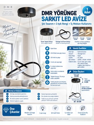 Dmr Yörünge Sarkıt LED Avize Siyah Kasa 35W 220 Volt Üç Renk 6500K/4000K/3000K (Beyaz /ılık Beyaz/sarı (Günışığı)