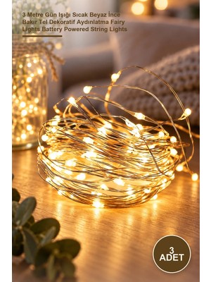 Yenilig 3 Adet Pilli Peri LED – 3 Metre Gün Işığı Sıcak Beyaz Ince Bakır Tel Dekoratif Aydınlatma Fairy Lights Battery Powered String Lights