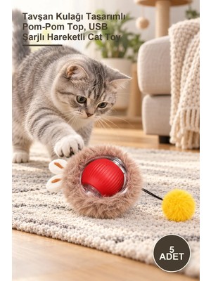 Yenilig 5 Adet Tüylü Şarjlı Kedi Oyuncağı – Tavşan Kulağı Tasarımlı Pom-Pom Top, USB Şarjlı Hareketli Cat Toy