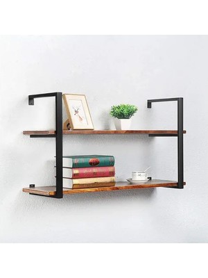 Vivense Tasnia Siyah Metal Ahşap Duvar Rafı 90 cm 2 Katlı