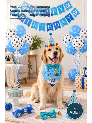 Yenilig 1 Adet Köpek Doğum Günü Parti Seti – Parti Aksesuarı Bandana Şapka Balonlu Banner, Fotoğraflık Dog Birthday Kit