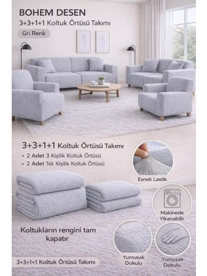 Bohem Desen Krem Lastikli Koltuk Örtüsü 3+3+1+1 Takımı Esnek Lastikli Koltuk Örtüsü Koltuk Kılıfı Gri 180 x 230