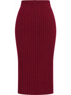Mixray 6929 Kadın Fitilli Triko Etek Bordo