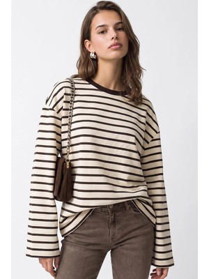 Mixray 2236 Çizgili Bisiklet Yaka Uzun Kol Oversize Sweatshirt Kahve