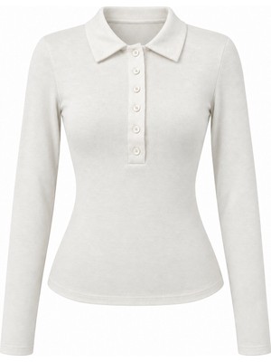 Mixray 2246 Kadın Polo Yaka Düğmeli Uzun Kollu Slim Fit Bluz Beyaz