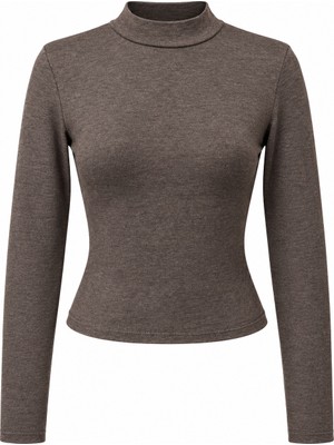 Mixray 2243 Kadın Yarım Balıkçı Yaka Uzun Kollu Slim Fit Bluz Kahve