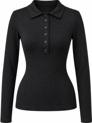 Mixray 2246 Kadın Polo Yaka Düğmeli Uzun Kollu Slim Fit Bluz Siyah