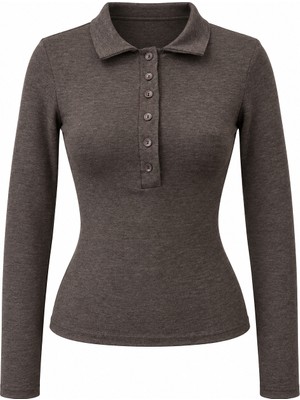 Mixray 2246 Kadın Polo Yaka Düğmeli Uzun Kollu Slim Fit Bluz Kahve