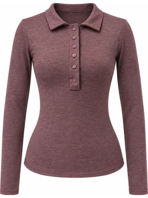 Mixray 2246 Kadın Polo Yaka Düğmeli Uzun Kollu Slim Fit Bluz Bordo