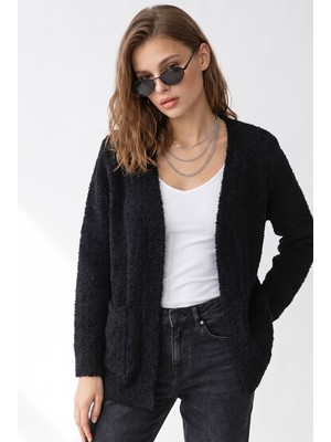 Mixray 7069 Kadın Buklet Dokulu Cepli Oversize Triko Hırka Siyah
