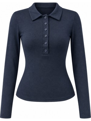 Mixray 2246 Kadın Polo Yaka Düğmeli Uzun Kollu Slim Fit Bluz Lacivert