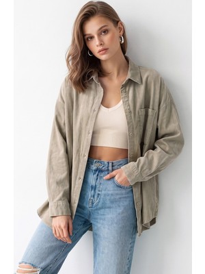 Mixray 4963 Kadın Tencel Kumaş Oversize Cepli Uzun Kollu Gömlek Vizon