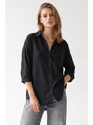 Mixray 4963 Kadın Tencel Kumaş Oversize Cepli Uzun Kollu Gömlek Siyah