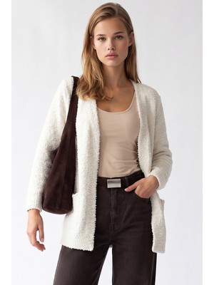 Mixray 7069 Kadın Buklet Dokulu Cepli Oversize Triko Hırka Krem