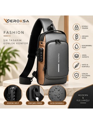 Fashion Unisex Çapraz Omuz Çantası Şifreli Kilitli USB Şarj Girişli Suya Dayanıklı Göğüs Çantası